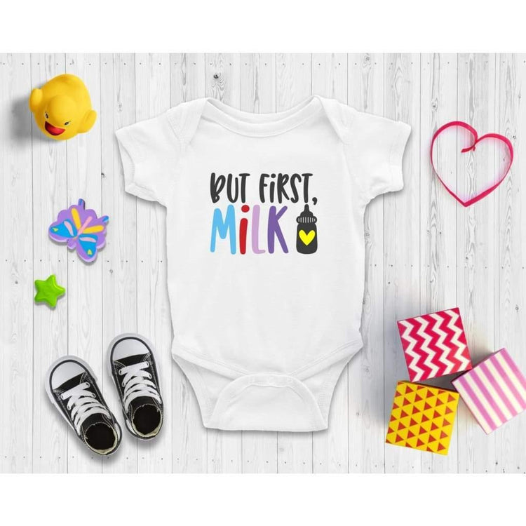 But first Milk - Little Milk Monster - Baby Bodysuit Little Milk Monster Cheeky by Design Baby bodysuit funny cheeky trending breastfeeding Baby shower gift